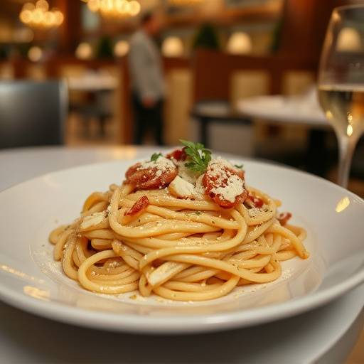Spaghetti alla carbonara impiattati e pronti per essere serviti, guarniti con guanciale croccante e pecorino.