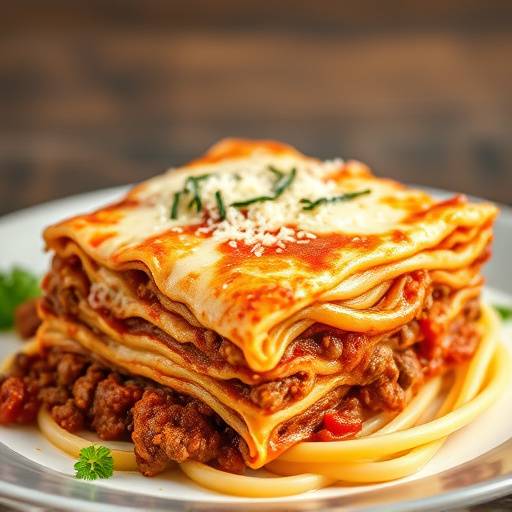 Un piatto di lasagna bolognese appena sfornata, con strati di pasta fresca, rag&ugrave; di carne, besciamella e Parmigiano Reggiano.