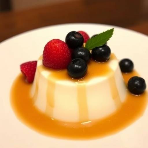 Un piatto di panna cotta, guarnito con frutti di bosco freschi e salsa al caramello.