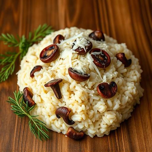 Un piatto di risotto ai funghi porcini, con riso Carnaroli, funghi freschi e Parmigiano Reggiano grattugiato.