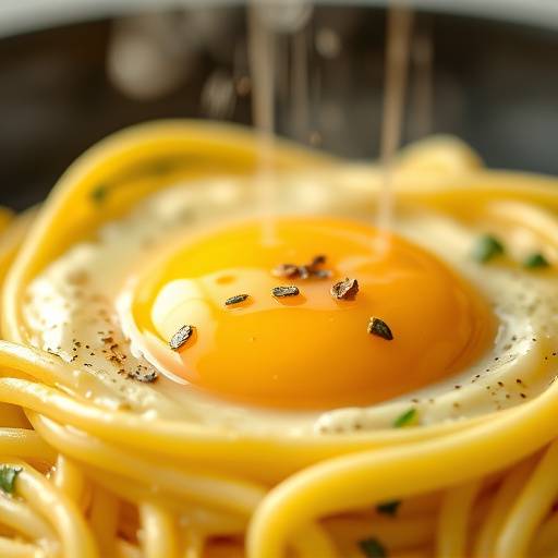 Un piatto fumante di spaghetti alla carbonara, guarnito con tuorlo d'uovo e pepe nero fresco.