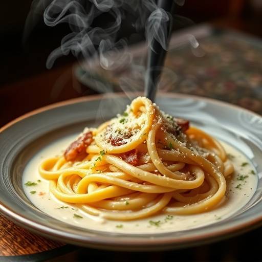 Un piatto fumante di Spaghetti alla Carbonara, con guanciale croccante e una salsa cremosa a base di uova e pecorino romano.
