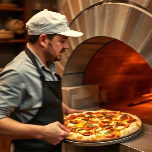 Un pizzaiolo napoletano che inforna una pizza in un forno a legna