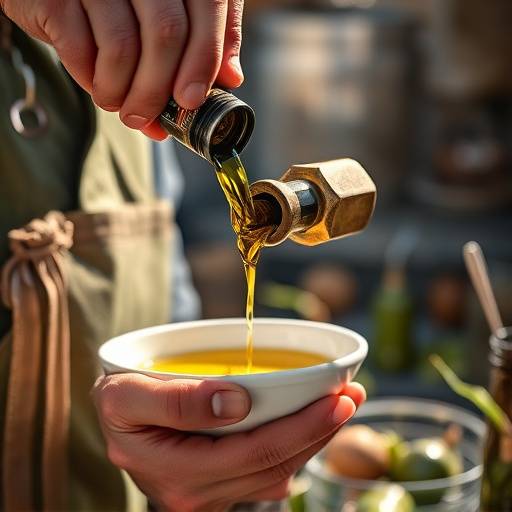 Un primo piano di un contadino che versa olio d'oliva da un recipiente in una ciotola