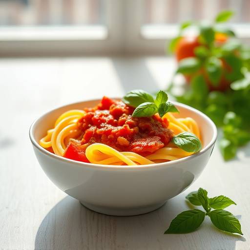 Una ciotola di pasta fresca fatta in casa condita con pomodoro e basilico