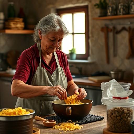Una nonna italiana che prepara la pasta fresca in una cucina rustica