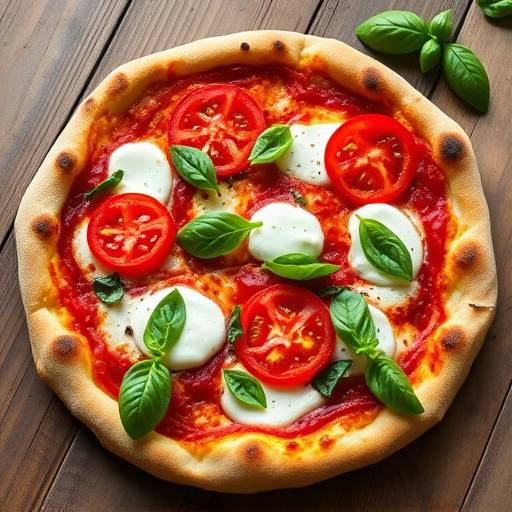 Una pizza margherita appena sfornata, con pomodori San Marzano, mozzarella di bufala e basilico fresco.