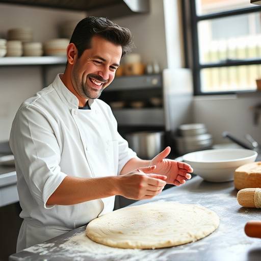 Uno chef sorridente che impasta la pizza in una cucina tradizionale italiana